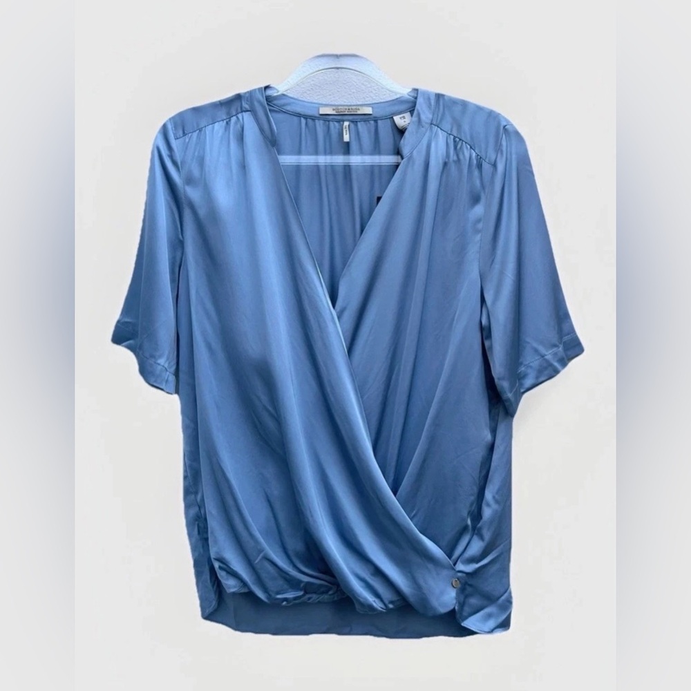 NEW Scotch And Soda Blouse Top Women S Blue Satin Wrap V-neck Dressy Para Dice